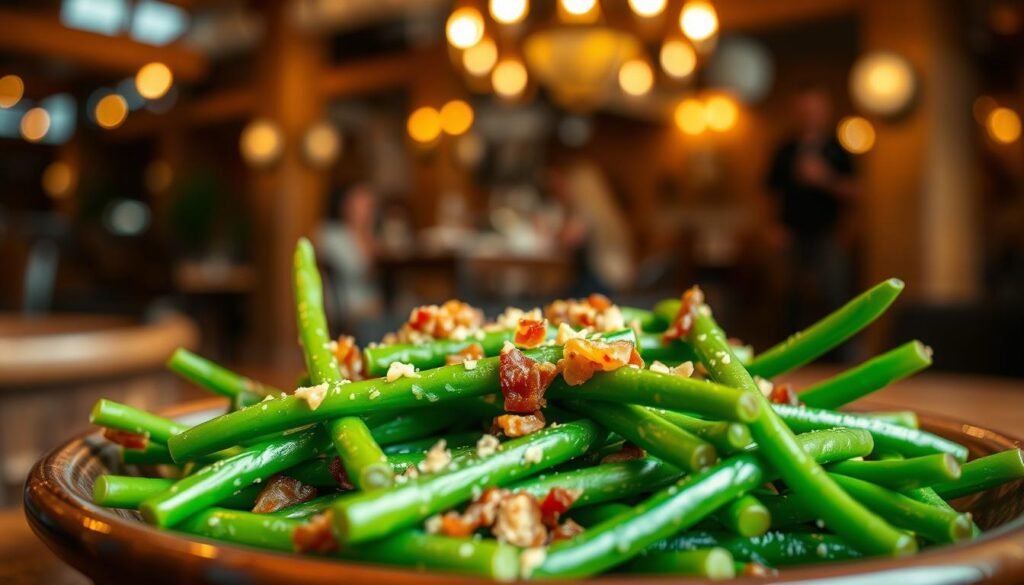 A close-up view of a dish of vibrant Texas Roadhouse-style green beans, beautifully seasoned and sautéed, bursting with bright green color. The beans are delicately arranged on a rustic wooden table, with flecks of garlic and a sprinkle of crispy bacon bits adding texture. In the background, a softly blurred restaurant setting evokes a cozy, inviting atmosphere, with warm golden lighting filtering through wooden beams. The focus is sharp on the green beans, capturing the steam rising from the dish, suggesting freshness and flavor. Use a shallow depth of field to emphasize the dish while maintaining gentle bokeh in the background, creating a mouthwatering, restaurant-quality feel that draws the viewer in.