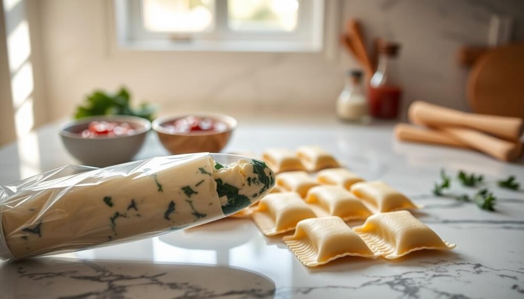 A close-up view of a filled piping bag resting on a marble kitchen countertop, the bag made of clear plastic with a decorated metal tip peeking out. The foreground showcases detailed textures of the piping bag, with creamy ricotta and spinach filling visible inside. The middle ground features a wooden cutting board with neatly aligned manicotti shells, ready for filling, and a small bowl of marinara sauce. In the background, soft natural light filters through a window, illuminating the scene and creating a warm, inviting atmosphere. A glimpse of Italian herbs and spices is subtly included on the countertop, enhancing the culinary theme. The overall mood is cozy and creative, evoking the joy of cooking and mastering the art of filling manicotti.