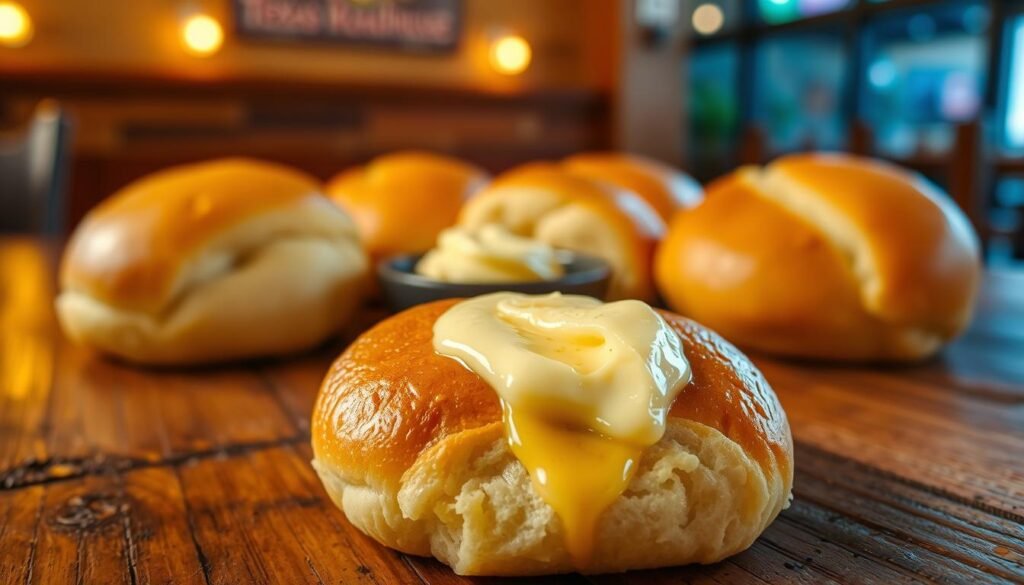 A close-up view of a freshly baked Texas Roadhouse roll, golden brown and soft, placed on a rustic wooden table. In the foreground, a generous dollop of cinnamon honey butter is melting over the warm surface of the roll, creating a rich, creamy texture. The butter glistens under soft, warm lighting, emphasizing its inviting golden hue. In the middle, additional rolls are slightly blurred to maintain focus on the main roll, while a small dish of unspread cinnamon honey butter rests beside them. The background features a cozy Texas Roadhouse restaurant atmosphere with earthy tones and soft-focused lights, creating a warm and inviting mood that highlights the indulgence of this treat.