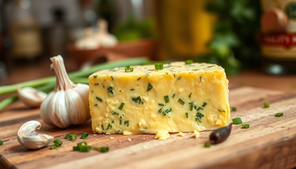 A close-up view of a pat of freshly made garlic herb butter, displaying a rich, golden yellow hue interspersed with vibrant green herbs like parsley and chives. The butter should be shown on a rustic wooden cutting board, with a garlic bulb and a couple of cloves scattered nearby to emphasize the key ingredients. The background features a softly blurred kitchen scene, warm and inviting, with hints of olive oil bottles and assorted fresh herbs in the soft lighting. A delicate, creamy texture on the butter should gleam as if illuminated by natural light. Capture a homely, yet professional atmosphere, evoking a sense of culinary artistry and warmth, perfect for a cooking guide.