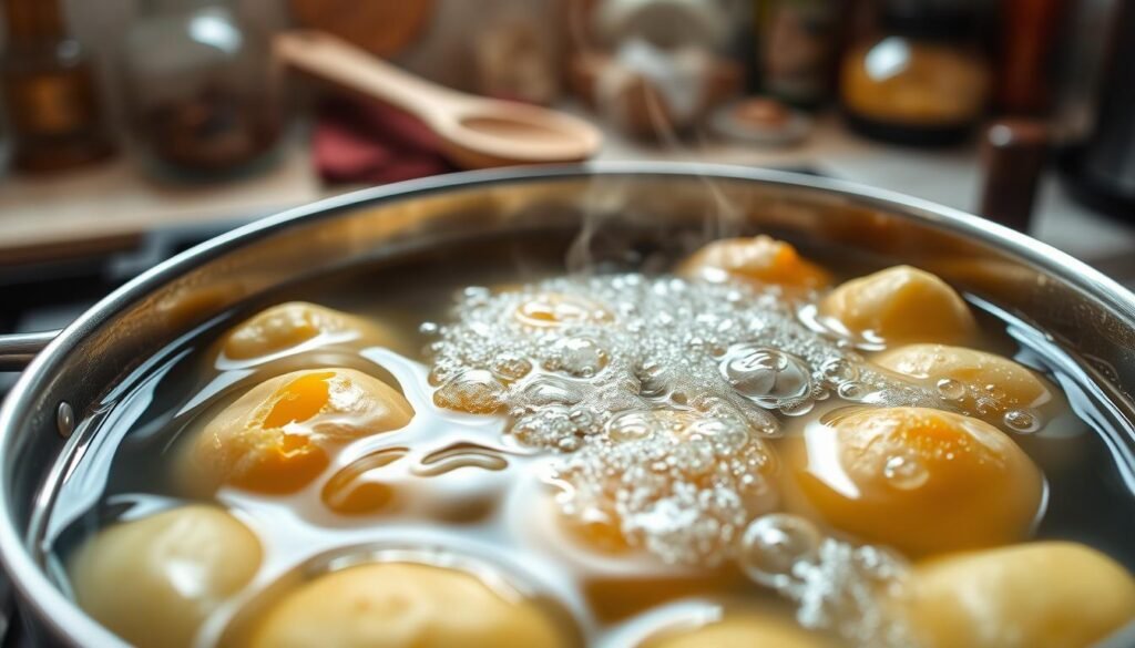 A close-up view of a pot of boiling potatoes on a gas stove, capturing the bubbling water and steam rising gracefully. The foreground features the pot with several whole Yukon Gold potatoes, their skin appearing slightly wrinkled and golden against the clear water. In the middle, the focus shifts to the vivid bubbles breaking the water's surface, reflecting bright kitchen lighting that enhances the steam's translucency. In the background, soft-focus kitchen elements like a wooden spoon and an array of spices hint at the preparation process. The overall atmosphere is warm and inviting, evoking a sense of comfort and home-cooked meals, with natural, diffused lighting illuminating the scene. A close-up view of a pot of boiling potatoes on a gas stove, capturing the bubbling water and steam rising gracefully. The foreground features the pot with several whole Yukon Gold potatoes, their skin appearing slightly wrinkled and golden against the clear water. In the middle, the focus shifts to the vivid bubbles breaking the water's surface, reflecting bright kitchen lighting that enhances the steam's translucency. In the background, soft-focus kitchen elements like a wooden spoon and an array of spices hint at the preparation process. The overall atmosphere is warm and inviting, evoking a sense of comfort and home-cooked meals, with natural, diffused lighting illuminating the scene.