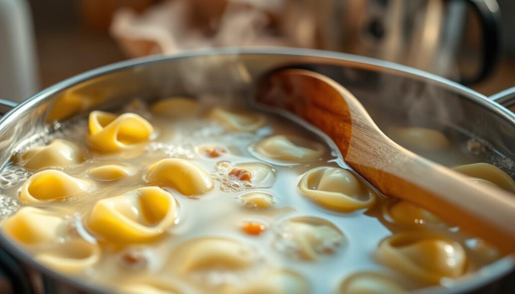 A close-up view of a pot of tortellini boiling in water, captured from a slightly elevated angle, showcasing the delicate pasta pieces gently swirling in the bubbling water. The tortellini, filled with creamy cheese and chicken, are perfectly cooked, glistening with steam rising from the surface. In the foreground, a wooden spoon rests against the pot, hinting at the cooking process. The background features a soft-focus kitchen setting with a warm, inviting light that enhances the steamy atmosphere. Subtle reflections can be seen on the pot's surface. Aim for a balanced composition with a cozy, comforting ambiance, ideal for food enthusiasts.