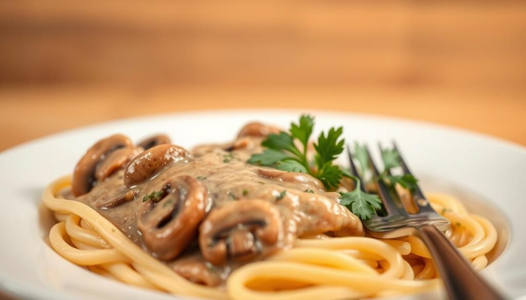 A close-up view of a rich, creamy mushroom sauce elegantly poured over al dente fettuccine pasta. The sauce features sautéed mushrooms and fresh herbs, showcasing a glossy, velvety texture. In the foreground, a pristine white plate contrasts beautifully against the earthy tones of the sauce. In the middle ground, a sprig of parsley adds a pop of color, while a fork rests beside the plate, hinting at a delectable meal to come. The background is softly blurred to keep the focus on the dish, with warm lighting creating an inviting atmosphere. Shot from a slightly elevated angle, the image captures the luscious details, evoking a sense of comfort and culinary mastery.
