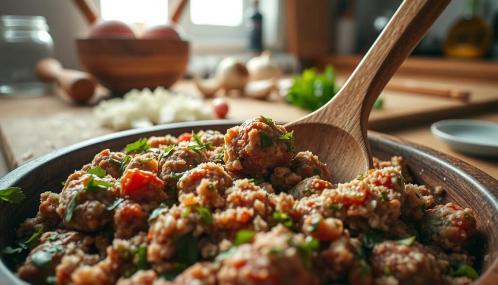 A close-up view of a rich, warm meatball mixture in a rustic wooden bowl, showcasing a blend of ground beef, breadcrumbs, and finely chopped herbs like parsley and basil. The foreground features a wooden spoon partially submerged in the mixture, revealing its juicy texture and spices. In the middle background, a softly lit kitchen counter adorned with diced onions, garlic cloves, and a sprinkling of grated Parmesan cheese enhances the cooking atmosphere. The scene is illuminated with soft, natural light coming through a nearby window, casting gentle shadows. The overall mood is warm and inviting, evoking a sense of home-cooked comfort, perfect for illustrating the preparation of delicious meatballs. A close-up view of a rich, warm meatball mixture in a rustic wooden bowl, showcasing a blend of ground beef, breadcrumbs, and finely chopped herbs like parsley and basil. The foreground features a wooden spoon partially submerged in the mixture, revealing its juicy texture and spices. In the middle background, a softly lit kitchen counter adorned with diced onions, garlic cloves, and a sprinkling of grated Parmesan cheese enhances the cooking atmosphere. The scene is illuminated with soft, natural light coming through a nearby window, casting gentle shadows. The overall mood is warm and inviting, evoking a sense of home-cooked comfort, perfect for illustrating the preparation of delicious meatballs.