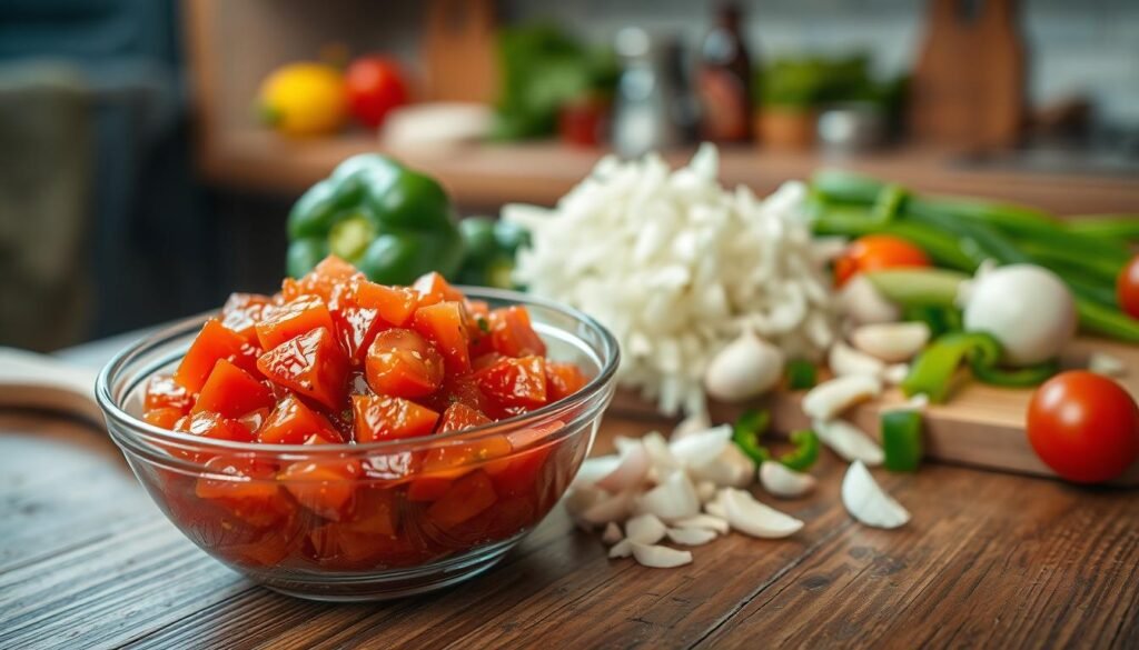 A close-up view of a rustic wooden kitchen counter, featuring a glass bowl filled with vibrant, crushed tomatoes. The tomatoes have a rich red color, glistening with juices, and next to them are various fresh ingredients like chopped onions, garlic, and green bell peppers, arranged neatly. In the background, a hint of a cozy kitchen environment with soft, warm lighting creates an inviting atmosphere. The scene is captured from a slightly elevated angle, focusing on the texture and freshness of the ingredients. Utensils like a wooden spoon and a cutting board add authenticity, while shallow depth-of-field blurs the edges, emphasizing the main subject of combining these key flavors. A close-up view of a rustic wooden kitchen counter, featuring a glass bowl filled with vibrant, crushed tomatoes. The tomatoes have a rich red color, glistening with juices, and next to them are various fresh ingredients like chopped onions, garlic, and green bell peppers, arranged neatly. In the background, a hint of a cozy kitchen environment with soft, warm lighting creates an inviting atmosphere. The scene is captured from a slightly elevated angle, focusing on the texture and freshness of the ingredients. Utensils like a wooden spoon and a cutting board add authenticity, while shallow depth-of-field blurs the edges, emphasizing the main subject of combining these key flavors.