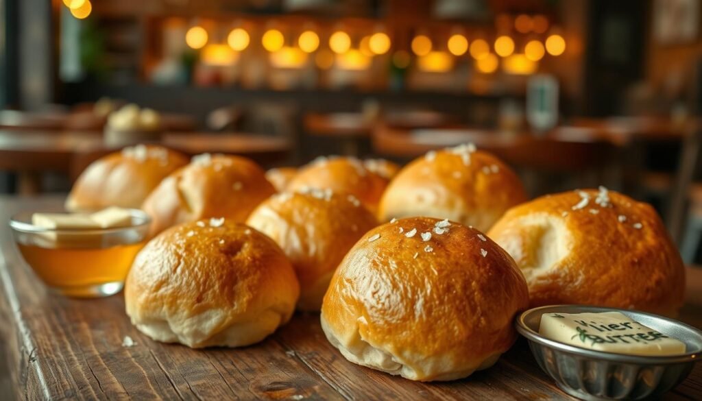 A close-up view of a rustic wooden table adorned with freshly baked rolls, each roll glistening with melted butter, and sprinkled with a pinch of sea salt. In the background, a warm, inviting restaurant ambiance is reflected with soft, golden lighting that enhances the rich textures of the rolls. To the sides, small dishes of honey and herb-infused butter are elegantly presented, adding a touch of color and contrast. The focus is on the rolls themselves, showcasing their fluffy and golden-brown crust, while the background remains slightly blurred to emphasize the main subject. The overall mood should evoke comfort and satisfaction, enticing the viewer to indulge in a hearty meal. A close-up view of a rustic wooden table adorned with freshly baked rolls, each roll glistening with melted butter, and sprinkled with a pinch of sea salt. In the background, a warm, inviting restaurant ambiance is reflected with soft, golden lighting that enhances the rich textures of the rolls. To the sides, small dishes of honey and herb-infused butter are elegantly presented, adding a touch of color and contrast. The focus is on the rolls themselves, showcasing their fluffy and golden-brown crust, while the background remains slightly blurred to emphasize the main subject. The overall mood should evoke comfort and satisfaction, enticing the viewer to indulge in a hearty meal.