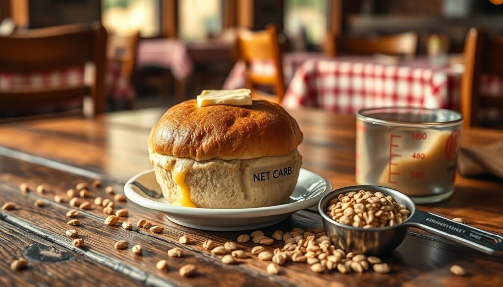 A close-up view of a single Texas Roadhouse roll on a rustic wooden table. The roll, golden-brown and fluffy, is placed on a small white plate, with a pat of melting cinnamon butter resting on top, cascading down the sides. Surrounding the plate, there are scattered whole wheat grains and a measuring cup filled with nutritional information highlighting net carbs, emphasizing the calorie count with vibrant colors. Soft, natural lighting filters in from the side, creating warm highlights and gentle shadows, conveying a cozy, inviting atmosphere. In the background, a blurred restaurant setting with wooden furniture and checkered tablecloths enhances the focus on the roll, evoking a sense of homey comfort. No text or branding is present, allowing the image to speak solely to the deliciousness of the roll. A close-up view of a single Texas Roadhouse roll on a rustic wooden table. The roll, golden-brown and fluffy, is placed on a small white plate, with a pat of melting cinnamon butter resting on top, cascading down the sides. Surrounding the plate, there are scattered whole wheat grains and a measuring cup filled with nutritional information highlighting net carbs, emphasizing the calorie count with vibrant colors. Soft, natural lighting filters in from the side, creating warm highlights and gentle shadows, conveying a cozy, inviting atmosphere. In the background, a blurred restaurant setting with wooden furniture and checkered tablecloths enhances the focus on the roll, evoking a sense of homey comfort. No text or branding is present, allowing the image to speak solely to the deliciousness of the roll.