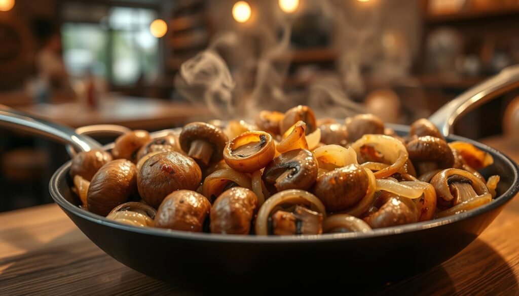 A close-up view of a sizzling skillet filled with perfectly sautéed mushrooms and onions, their rich, golden-brown textures glistening in a light sheen of olive oil. Each mushroom is plump and juicy, showcasing a deep earthy color, while the onions are caramelized to a soft, translucent sweetness. The foreground features a wooden surface, rustic and warm, hinting at a homey dining experience. In the background, a softly blurred ambiance of a cozy, dimly lit restaurant adds to the inviting atmosphere. Soft, golden lighting highlights the steam rising from the pan, creating a delicious, mouth-watering effect. The overall mood is warm and comforting, evoking a sense of homestyle cooking at its finest, suitable for a culinary article’s illustration. A close-up view of a sizzling skillet filled with perfectly sautéed mushrooms and onions, their rich, golden-brown textures glistening in a light sheen of olive oil. Each mushroom is plump and juicy, showcasing a deep earthy color, while the onions are caramelized to a soft, translucent sweetness. The foreground features a wooden surface, rustic and warm, hinting at a homey dining experience. In the background, a softly blurred ambiance of a cozy, dimly lit restaurant adds to the inviting atmosphere. Soft, golden lighting highlights the steam rising from the pan, creating a delicious, mouth-watering effect. The overall mood is warm and comforting, evoking a sense of homestyle cooking at its finest, suitable for a culinary article’s illustration.