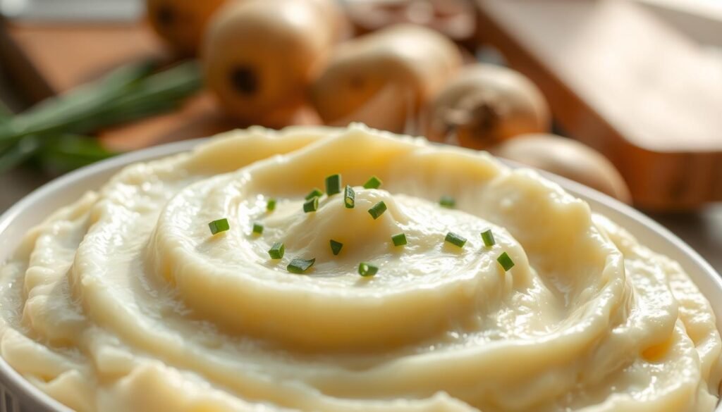 A close-up view of a smooth, creamy texture mashed potato dish, showcasing the velvety consistency and rich buttery sheen. The mashed potatoes are served in an elegant, white ceramic bowl, garnished with a sprinkle of finely chopped chives. Bright, natural lighting highlights the creamy swirls and subtle steam rising from the dish, creating a warm and inviting atmosphere. In the background, slightly blurred, there are rustic wooden kitchen elements, such as a chopping board and a few potatoes, enhancing the homey feel. The focus is on the mashed potatoes, emphasizing their rich texture and appealing warmth, making them look utterly delicious and comforting. A close-up view of a smooth, creamy texture mashed potato dish, showcasing the velvety consistency and rich buttery sheen. The mashed potatoes are served in an elegant, white ceramic bowl, garnished with a sprinkle of finely chopped chives. Bright, natural lighting highlights the creamy swirls and subtle steam rising from the dish, creating a warm and inviting atmosphere. In the background, slightly blurred, there are rustic wooden kitchen elements, such as a chopping board and a few potatoes, enhancing the homey feel. The focus is on the mashed potatoes, emphasizing their rich texture and appealing warmth, making them look utterly delicious and comforting.