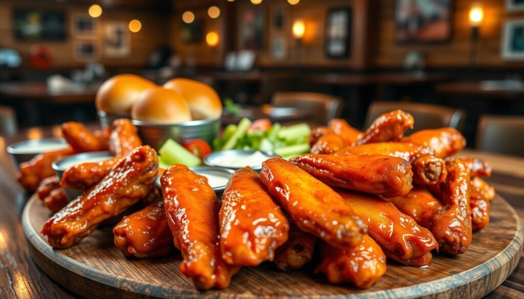 A close-up view of a tempting plate of boneless wings, glistening with a shiny, savory glaze, showcasing an array of flavors including buffalo, garlic Parmesan, and honey BBQ. The foreground features the wings piled artfully on a rustic wooden table, accompanied by small bowls of dipping sauces like ranch and blue cheese, with fresh celery sticks scattered around. In the middle, there are warm, soft rolls and a side salad, hinting at a feast waiting to be enjoyed. In the background, a cozy, inviting restaurant ambiance is visible, softly lit with warm lighting, enhancing the appetizing scene, capturing the essence of a delightful dining experience. The angle focuses on the wings, emphasizing their texture and color, evoking a sense of indulgence and satisfaction.
