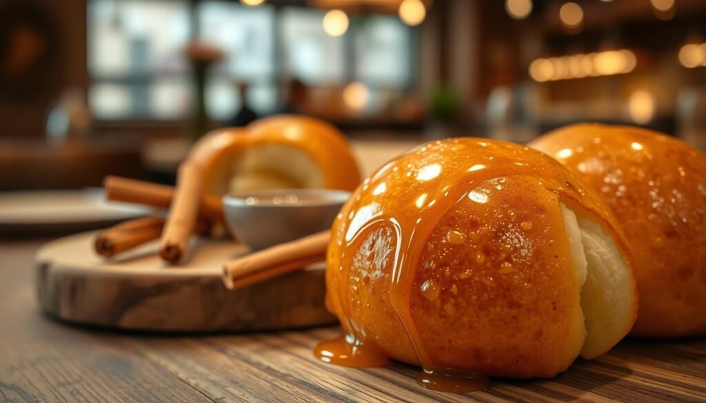 A close-up view of a warm, freshly baked mini bread roll, glistening with a rich honey cinnamon glaze that gently drips down its golden brown surface. The foreground should focus on the texture of the roll, showcasing its fluffy interior and the glossy sheen of the glaze. In the middle, include a rustic wooden serving plate adorned with a few cinnamon sticks and a small bowl of honey, enhancing the flavor profile. The background should feature a softly blurred, cozy restaurant setting with warm lighting that creates an inviting atmosphere. Capture the essence of comfort and indulgence, with a focus on inviting earthy tones and warmth throughout the scene. Ensure there are no captions or text elements included.