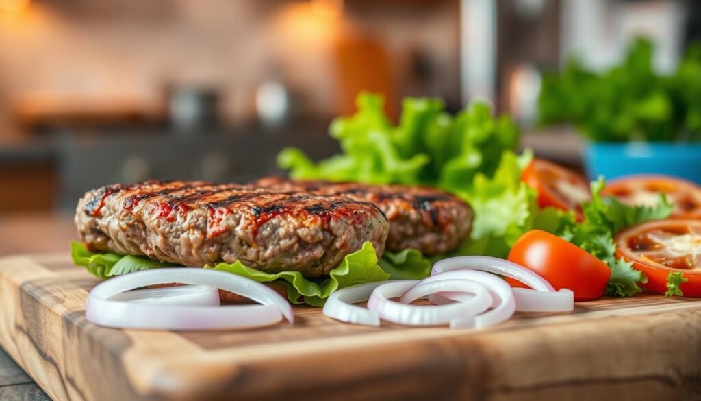 A close-up view of beautifully grilled beef patties resting on a rustic wooden cutting board, showcasing their juicy, charred exterior and rich, succulent texture. Surrounding the patties are fresh ingredients like sliced onions, vibrant green lettuce, and ripe tomatoes, adding color and freshness to the scene. In the background, a blurred kitchen setting with warm, ambient lighting evokes a cozy atmosphere, highlighting the preparation process. The image is captured with a shallow depth of field, focusing on the patties while softly blurring the background. Use natural lighting to create an inviting and appetizing look, enhancing the colors and details of the patties, conveying a sense of homemade comfort and culinary delight.
