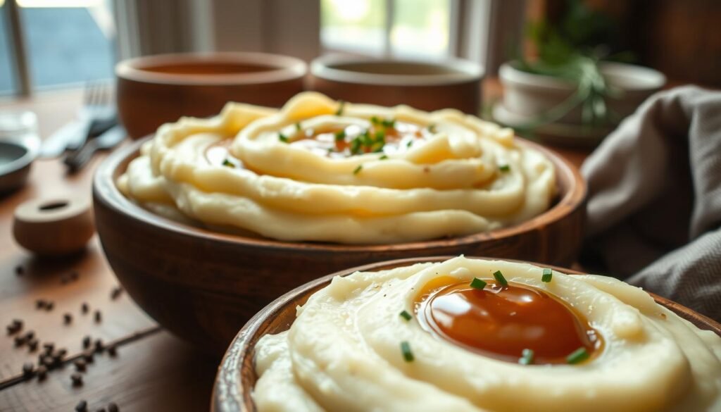 A close-up view of creamy mashed potatoes served in a rustic, wooden bowl, showcasing a smooth, velvety texture with hints of butter and a sprinkle of chopped chives on top. The mashed potatoes are surrounded by a scattering of pepper and a small dollop of gravy for accent. In the background, soft, natural light filters through a nearby window, casting a warm glow on the scene. The setting features a wooden table adorned with simple cooking utensils and a textured linen napkin, enhancing a cozy kitchen atmosphere. Shot from a slightly elevated angle to capture the luscious details, evoking a sense of comfort and home-cooked warmth.