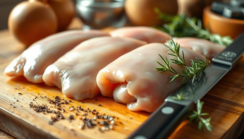 A close-up view of fresh, skinless chicken breasts, arranged neatly on a wooden cutting board. The chicken has a slightly glossy texture, showcasing its natural color, with a sprinkle of herbs and spices in the foreground, emphasizing the preparation process. Soft, natural lighting illuminates the scene from above, casting gentle shadows that enhance the contours of the chicken. A sharp knife rests beside the chicken, partially obscured by a fresh sprig of rosemary, adding a touch of green to the composition. The background features blurred kitchen utensils, suggesting an inviting cooking space. The atmosphere is warm and rustic, evoking a sense of home cooking and flavor preparation, perfect for a culinary article segment.