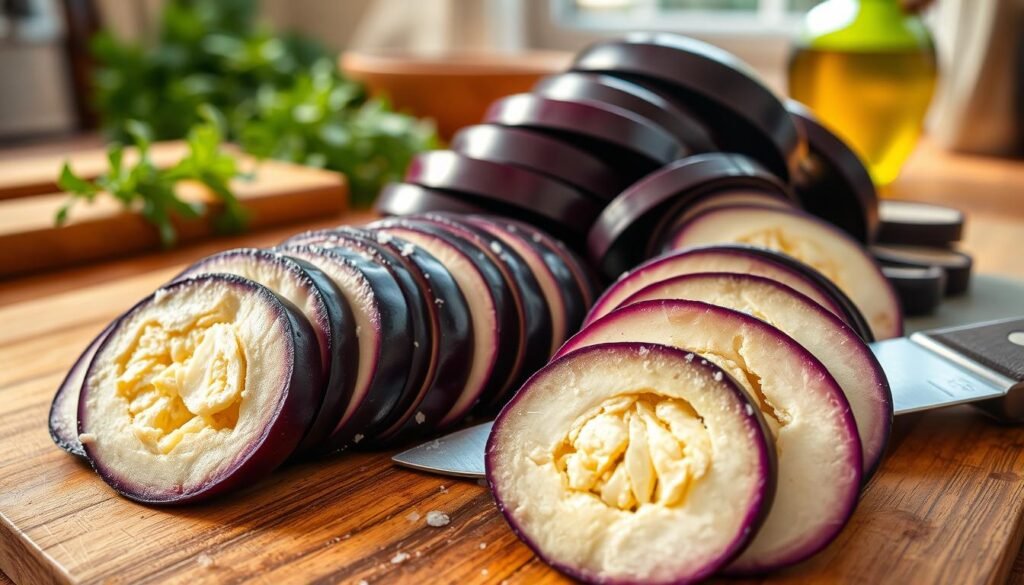 A close-up view of freshly sliced eggplant, showcasing its vibrant purple skin and creamy white flesh, arranged artfully on a wooden cutting board. The foreground features the glossy, circular slices with a few sprinkled salt crystals to enhance texture. In the middle ground, a sharp chef's knife rests beside the pile of eggplant, its blade reflecting soft light. The background is softly blurred, indicating a warm kitchen setting with hints of fresh herbs and olive oil in the distance. Natural lighting floods in from a nearby window, creating a welcoming atmosphere that highlights the freshness of the ingredients. The mood is inviting and deliciously rustic, perfect for a culinary preparation scene.