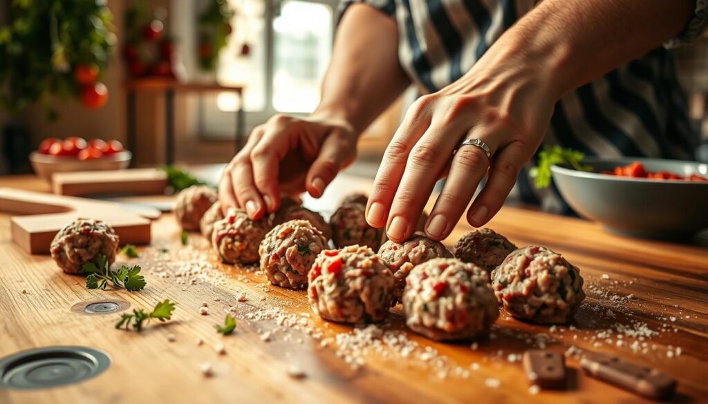 A close-up view of hands expertly shaping meatballs in a cozy kitchen setting, emphasizing the process of rolling ground meat into perfect round shapes. The foreground shows warm, inviting wooden surfaces, with a sprinkle of parsley and breadcrumbs scattered artistically around. The middle section features well-lit hands gently pressing and rolling the seasoned ground meat, highlighting the texture and color of the mixture. In the background, soft natural light streams in from a window, illuminating hanging herbs and a bowl of crushed tomatoes, creating a soft and inviting atmosphere. The focus is on the hands and the meatballs, conveying a sense of home-cooked warmth and culinary craftsmanship, with a shallow depth of field to enhance the intimacy of the scene.