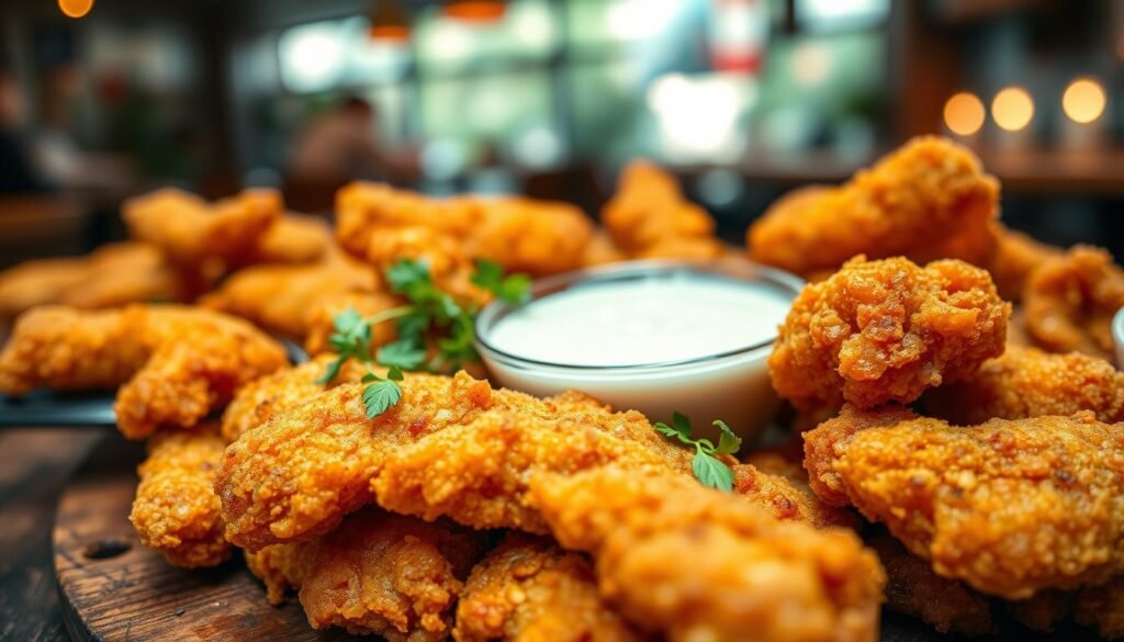 A close-up view of perfectly fried golden brown chicken strips, showcasing their crispy texture and deliciously seasoned coating. The foreground features a platter of chicken strips, lightly glistening with oil and served with a small bowl of creamy dipping sauce. In the middle, a rustic wooden table adds warmth to the scene, while a scattering of fresh herbs provides a vibrant pop of color. The background is softly blurred, hinting at a cozy diner setting with warm, inviting lighting that emphasizes the golden hues of the chicken. The atmosphere conveys a sense of indulgence and comfort, perfect for an appetizing culinary experience. Use natural lighting to enhance the golden color of the chicken strips, capturing the mouthwatering essence of this dish.