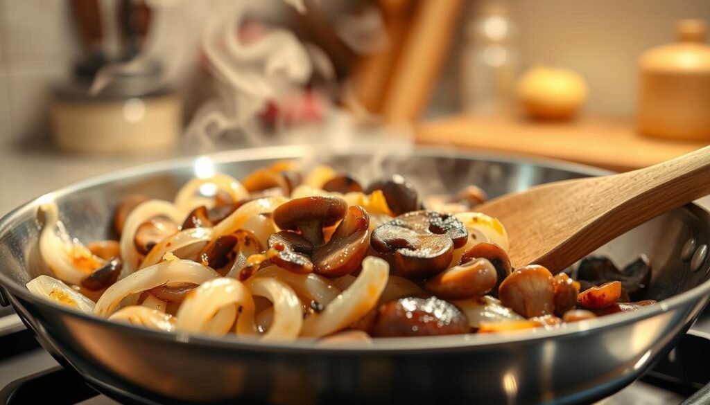 A close-up view of sautéing onions and mushrooms in a gleaming stainless steel skillet on a stovetop. The onions are translucent, caramelized lightly with golden edges, while the mushrooms are a rich, deep brown, glistening with olive oil. Steam rises above the skillet, creating an inviting atmosphere of warmth and culinary delight. The foreground features a wooden spatula stirring the mixture, adding a rustic touch. The background showcases a softly blurred kitchen with warm, ambient lighting that highlights the natural colors of the ingredients, suggesting a cozy cooking environment. The overall mood is one of comfort and culinary passion, perfect for illustrating the art of cooking vegetables to perfection.