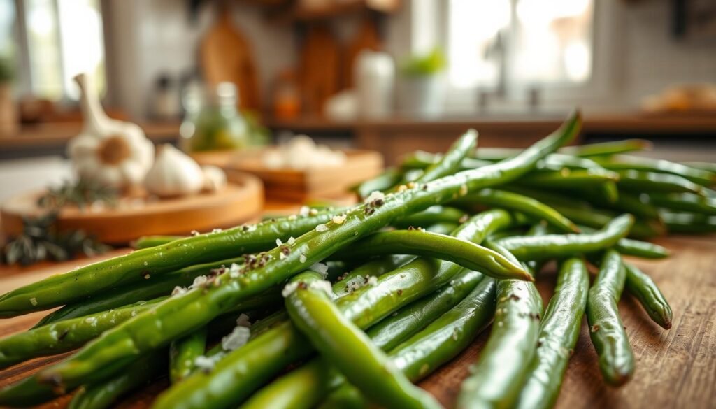 A close-up view of vibrant green beans, glistening with a light sheen of olive oil, sprinkled with coarse sea salt and freshly cracked black pepper. In the foreground, the beans are elegantly arranged on a wooden cutting board, showcasing their bright color and crisp texture. The middle ground features a rustic kitchen setting with a blurred view of fresh ingredients like garlic and herbs, hinting at the seasoning process. Soft, natural light streams in from a nearby window, creating a warm, inviting atmosphere. The depth of field focuses sharply on the green beans while softly blurring the background, enhancing the freshness of the subject. The overall mood is cozy and homey, perfect for a family recipe.