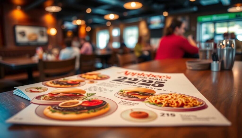 A close-up, well-lit image of an Applebee's menu showcasing the 2 for $25 value meal options, laid out on a simple wooden table. The menu features colorful food illustrations of various dishes, such as burgers, pasta, and appetizers, arranged artistically to highlight the variety. In the background, blurred out, there are hints of the lively restaurant atmosphere, with warm lighting and subtle hints of other diners enjoying their meals. The focus is sharp on the menu, emphasizing the vibrant colors and enticing textures of the food. The mood is inviting and comfortable, perfect for a casual dining experience. A close-up, well-lit image of an Applebee's menu showcasing the 2 for $25 value meal options, laid out on a simple wooden table. The menu features colorful food illustrations of various dishes, such as burgers, pasta, and appetizers, arranged artistically to highlight the variety. In the background, blurred out, there are hints of the lively restaurant atmosphere, with warm lighting and subtle hints of other diners enjoying their meals. The focus is sharp on the menu, emphasizing the vibrant colors and enticing textures of the food. The mood is inviting and comfortable, perfect for a casual dining experience.