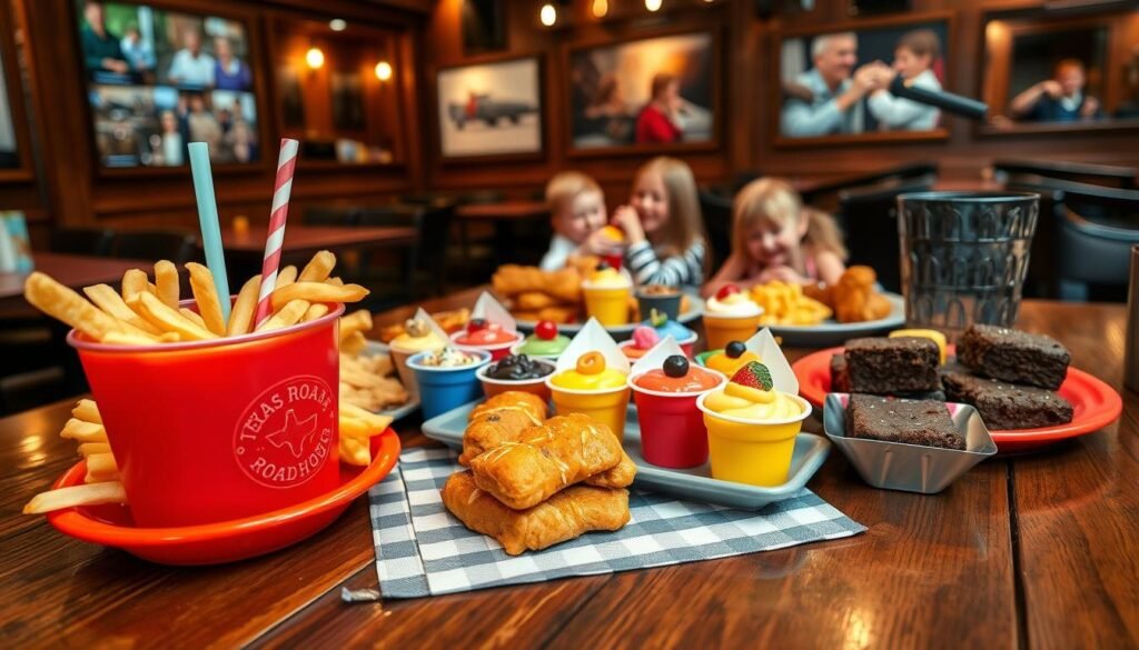 A colorful Texas Roadhouse kids menu spread across a rustic wooden table, featuring a variety of appealing dishes like mini burgers, chicken tenders, and mac and cheese, all arranged in kid-friendly portions. The foreground showcases a vibrant plate of crispy fries next to a cute, embossed drink cup with a playful straw. In the middle, a cheerful selection of colorful desserts, like chocolate brownies and fruit cups, is displayed on a checkered napkin. The background reveals the warm ambiance of a Texas Roadhouse restaurant, with warm lighting, wooden décor, and images of a lively family enjoying their meal together. The mood is inviting and family-friendly, evoking a sense of happiness and togetherness, captured with a soft-focus lens to enhance the atmosphere.