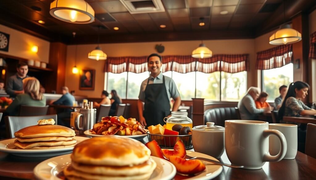 A cozy Applebee's restaurant during breakfast hours, featuring a cheerful and inviting atmosphere. In the foreground, a beautifully arranged breakfast table with a variety of dishes like fluffy pancakes, crispy bacon, fresh fruit, and steaming coffee. In the middle, a friendly waiter wearing a smart polo shirt and apron serves guests at a booth. The background showcases warm lighting with soft, golden hues and informal decor, enhancing the welcoming vibe. The restaurant windows reveal a bright morning outside, with sun rays illuminating the interior. The scene captures the essence of a bustling breakfast setting, evoking feelings of warmth, satisfaction, and community enjoyment.