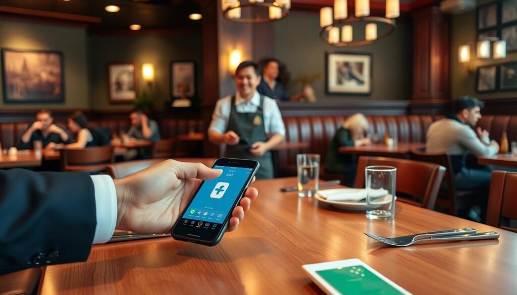 A cozy Applebee's restaurant interior during dinner hours, featuring a sleek wooden table set with a smartphone displaying the Apple Pay interface prominently. In the foreground, a hand of a well-dressed patron reaches out to the device, with a lively atmosphere in the background, showcasing other diners enjoying their meals and soft lighting that creates a warm ambiance. The middle area includes a friendly staff member in a casual uniform, suggesting efficiency and customer service, while tasteful restaurant decor, like wall art and ambient lighting fixtures, enhances the setting. The composition captures the interaction between technology and dining, emphasizing convenience in a welcoming environment.