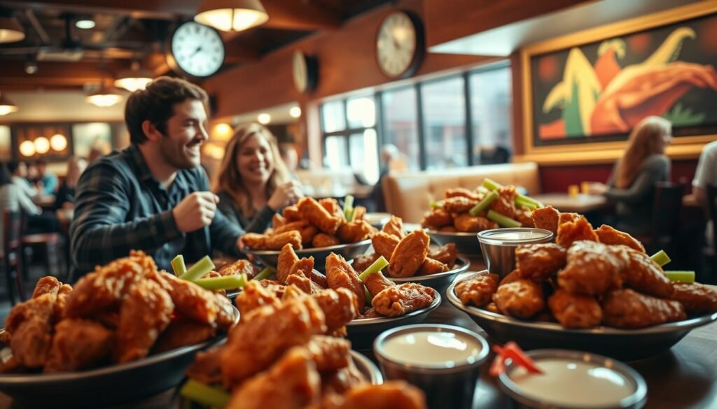 A cozy Applebee’s restaurant interior, featuring a large table in the foreground piled with platters of crispy, golden unlimited wings, garnished with celery and ranch dressing. In the middle ground, a group of friends in casual attire eagerly enjoying their meal, smiling and chatting animatedly. The background shows the inviting ambiance of the restaurant with warm lighting, wooden decor, and distant patrons enjoying their meals. The scene captures a lively yet welcoming atmosphere, conveying a sense of celebration and camaraderie. A hint of a clock on the wall suggests the time-sensitive nature of the promotion, subtly indicated by its hands nearing closing time. Use soft, natural lighting to evoke a friendly and cheerful mood, emphasizing the joy of sharing food with friends.