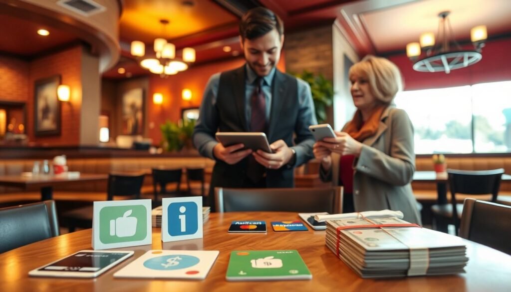 A cozy Applebee's restaurant interior, featuring a table set with a variety of alternative payment method icons, such as mobile wallets, credit cards, and cash, displayed prominently in the foreground. The middle ground includes a friendly waiter in professional attire assisting a couple who are looking at a digital payment app on a tablet. The background shows the warm ambiance of the restaurant with soft, inviting lighting and stylish decor, creating a relaxed yet vibrant dining atmosphere. The image should have a focus on the interactive nature of modern payment methods, with an engaging and informative mood, captured using a slight overhead angle to enhance the overall composition and clarity.