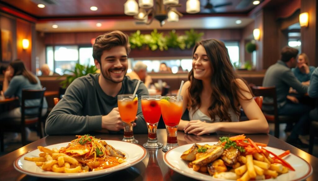 A cozy Applebee's restaurant setting for a romantic date night. In the foreground, a young couple is seated at a table, smiling and enjoying each other’s company, dressed in modest casual attire. The table is adorned with two beautifully presented plates of vibrant food, alongside two drinks with colorful garnishes. In the middle background, a warm, inviting atmosphere is created with soft, ambient lighting and a hint of greenery from potted plants. Nearby, other couples are also engaged in their meals, adding to the lively restaurant vibe. The camera angle is slightly elevated to capture the intimacy of the moment, with a bokeh effect softening the background, enhancing the warmth and romance of this affordable dining experience.