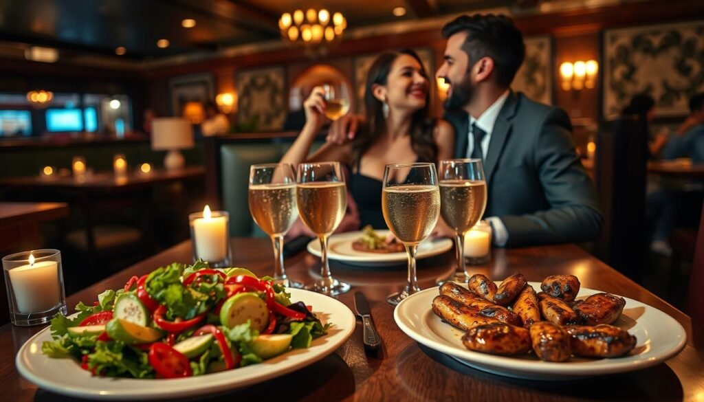 A cozy Applebee's restaurant table set for a romantic date night, featuring a candlelit atmosphere with soft, warm lighting. In the foreground, a beautifully arranged table with two elegant plates of delicious food, including a vibrant salad and a sizzling plate of fajitas. A pair of sparkling glasses filled with refreshing drinks sit next to the plates. In the middle ground, a couple dressed in smart casual attire shares a joyful moment, smiling and looking into each other's eyes, creating an intimate vibe. The background includes softly blurred elements of the restaurant, such as tasteful decorations and other diners enjoying their evening. The image evokes warmth, connection, and the joy of dining together, captured from a slightly angled view to enhance the depth and atmosphere.
