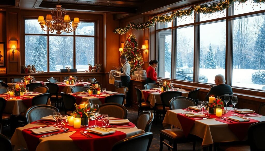 A cozy Olive Garden restaurant decked out for Christmas, featuring warm, soft lighting that casts a gentle glow over the dining area. In the foreground, elegant tables are adorned with festive red and green tablecloths, sparkling Christmas centerpieces, and flickering candles. The middle ground showcases attentive staff in professional attire, cheerfully serving holiday-themed dishes. In the background, large windows reveal a snowy landscape outside, with twinkling fairy lights framing the view, creating a warm, inviting atmosphere. The overall mood is festive and familial, emphasizing the spirit of togetherness that characterizes the holiday season. Use a wide-angle lens to capture the entire ambiance, enhancing the feeling of warmth and comfort.
