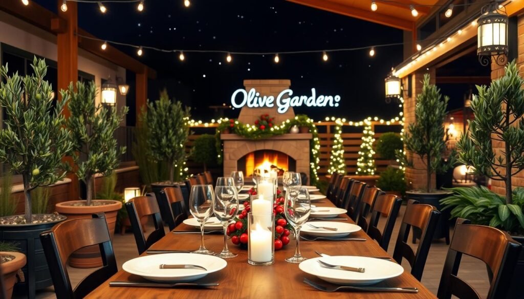 A cozy Olive Garden restaurant decorated for Christmas Eve, featuring a beautifully arranged outdoor patio with festive lights and potted olive trees. In the foreground, a wooden table with a neatly set dining arrangement, including plates, glasses, and holiday-themed centerpieces. In the middle ground, warm, glowing lanterns and a softly flickering fireplace create a welcoming atmosphere. The background shows a starry night sky with subtle snowy accents, enhancing the holiday spirit. Soft, ambient lighting casts gentle shadows across the scene, evoking a sense of warmth and community. The mood is cheerful yet intimate, perfect for a holiday gathering, with a focus on the charm and comfort of a festive dining experience.