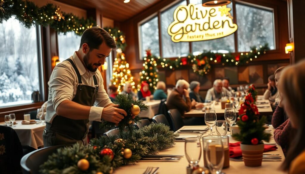 A cozy Olive Garden restaurant during the holiday season, showcasing a warm and inviting atmosphere. In the foreground, a professional-looking employee is arranging festive decorations, such as garlands and ornaments, on a well-set dining table. The middle ground highlights diners enjoying their meals in a cheerful setting, adorned with twinkling lights and winter-themed decor. The background features large windows with gently falling snow outside, creating a serene winter landscape. Soft, warm lighting bathes the scene, creating a comforting ambiance. The lens captures the details of the decorations and the expressions of the diners, evoking a sense of community and warmth during the holidays.