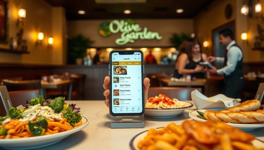 A cozy Olive Garden restaurant environment, featuring a table set with a delicious spread of Italian dishes, such as pasta, fresh salad, and breadsticks, in the foreground. In the middle, a smartphone is prominently displayed with a food delivery app open, showcasing options for ordering lunch. Soft, warm lighting illuminates the scene, creating an inviting atmosphere. In the background, a slightly blurred view of the restaurant with friendly staff members in professional attire interacting with customers. The angle is slightly overhead, capturing the vibrancy and ambiance that makes this dining destination appealing. The mood is cheerful and convenient, highlighting the ease of ordering favorites from Olive Garden.