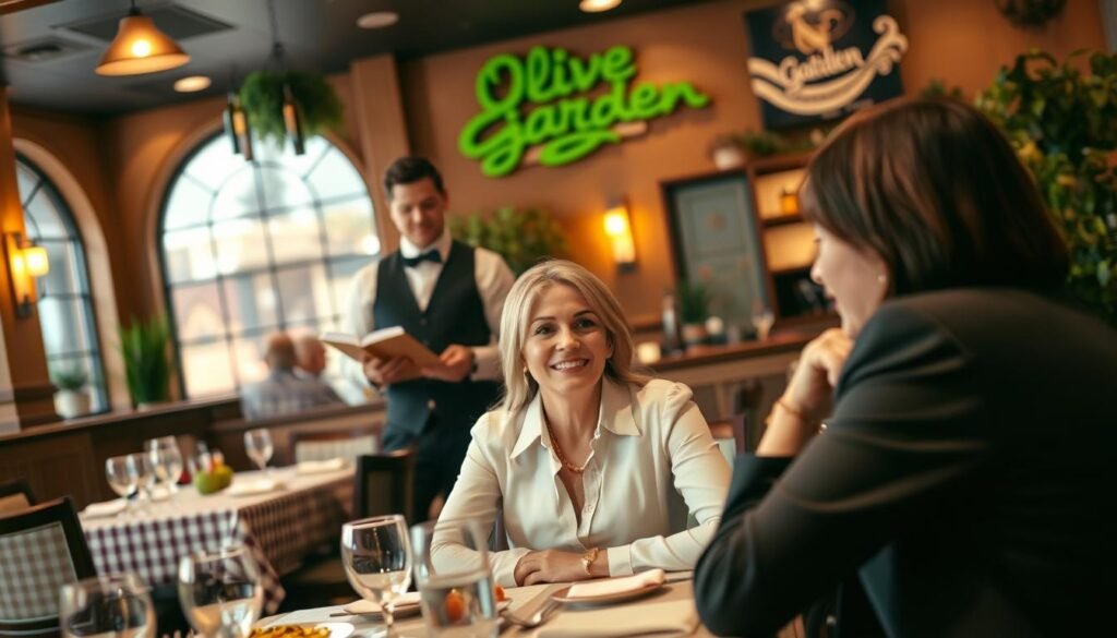 A cozy Olive Garden restaurant interior featuring a welcoming ambiance with warm, soft lighting. In the foreground, a couple in professional attire, sitting at a beautifully set table, appears engaged in a conversation, considering their dining options. The middle section showcases a waiter with a friendly demeanor, holding a reservation book, ready to assist. In the background, tasteful Italian decor, with checkered tablecloths, hanging wine bottles, and potted plants, creates a warm and inviting atmosphere. The overall mood is friendly and welcoming, depicting a sense of anticipation for a delightful dining experience at Olive Garden. The image should have a slightly blurred focus on the background to emphasize the couple in the foreground, captured from a slightly elevated angle, resembling a candid moment.