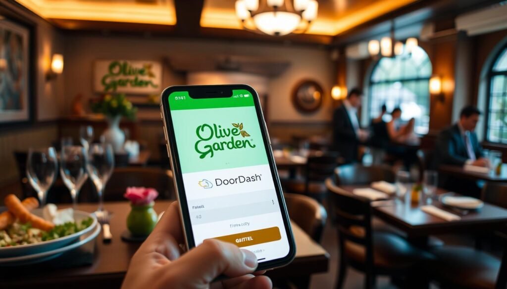 A cozy Olive Garden restaurant interior featuring elegantly set tables with breadsticks and salad, looking inviting and warm. In the foreground, a smartphone displaying the DoorDash app interface with the Olive Garden logo prominently featured, suggesting meal delivery. In the middle, the restaurant ambiance exudes a rustic charm with soft, ambient lighting, and classic Italian decor. The background shows a lively, welcoming dining space with patrons enjoying their meals and waiting staff in smart casual attire, creating a friendly atmosphere. The angle is slightly tilted down for depth, highlighting the focus on both the digital ordering aspect and the inviting dining experience at Olive Garden. The mood is cheerful and inviting, reflecting the convenience of food delivery.