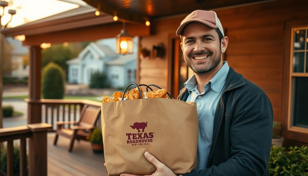 A cozy Texas Roadhouse delivery scene featuring a friendly delivery driver in smart casual attire, holding a brown insulated delivery bag filled with delicious food. In the foreground, the driver is smiling at the camera, with the iconic Texas Roadhouse logo visible on the bag. The middle ground showcases a wooden porch with rustic decorations, typical of a Texas Roadhouse ambiance, while a charming suburban neighborhood setting is visible in the background, framed by sunset lighting that casts a warm golden glow. The atmosphere is inviting and upbeat, evoking feelings of community and comfort, perfect for a casual dining experience at home. The composition should be shot from a slightly low angle to emphasize the delivery driver and the food, enhancing the focus on the delivery process.