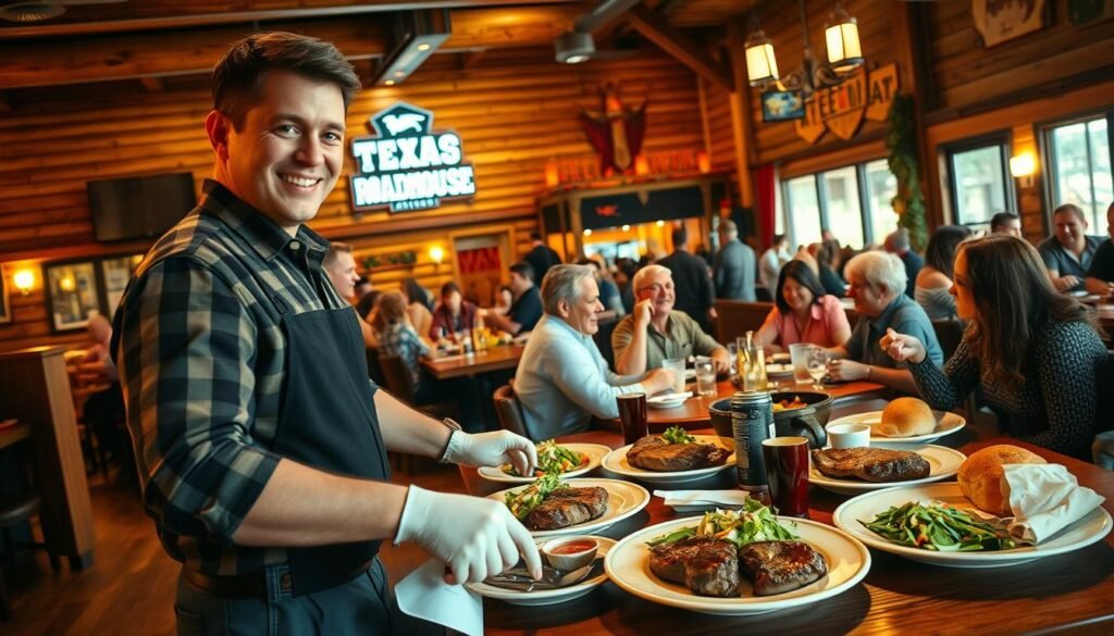 A cozy Texas Roadhouse interior during early evening, featuring a rustic wooden dining area filled with warm, inviting light. In the foreground, a friendly server in casual attire is efficiently setting a table, with plates of the Early Dine Menu delicacies like succulent steaks, fresh salads, and warm bread rolls. In the middle ground, patrons are enjoying their meals, showcasing diverse groups of people engaging in cheerful conversations and laughter. The background reveals the vibrant decor, including cowboy-themed elements and a lively ambiance, reflecting the spirit of Texas dining. Soft, golden lighting creates a welcoming atmosphere, and the camera angle is slightly elevated, capturing the lively scene from a friendly, captivating perspective. The mood is warm, inviting, and bustling.