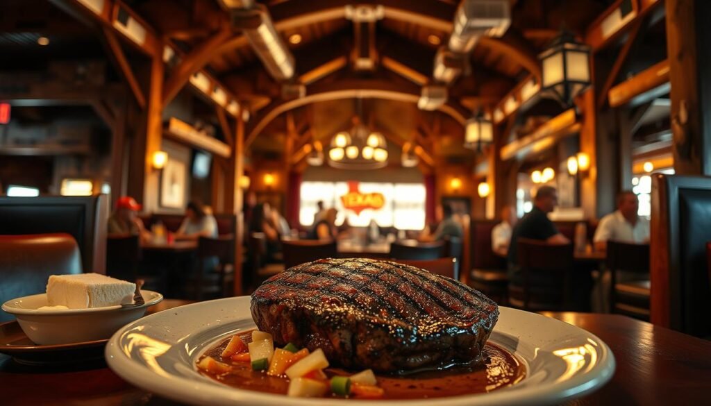 A cozy Texas Roadhouse interior, featuring a rustic western vibe with wooden beams and comfy booths. In the foreground, a beautifully plated steak with garnishes and sides, showcasing a perfect grill sear. There are subtle hints of the famous butter and warm bread in the background, invitingly displayed. In the middle, a warmly lit dining area filled with happy diners in casual clothing, enjoying their meals. The mood is lively yet relaxed, capturing a friendly atmosphere. The lighting is warm and inviting, simulating a golden hour glow. The angle is a wide shot that draws the viewer into the experience, providing a sense of warmth and comfort indicative of a great steakhouse experience. A cozy Texas Roadhouse interior, featuring a rustic western vibe with wooden beams and comfy booths. In the foreground, a beautifully plated steak with garnishes and sides, showcasing a perfect grill sear. There are subtle hints of the famous butter and warm bread in the background, invitingly displayed. In the middle, a warmly lit dining area filled with happy diners in casual clothing, enjoying their meals. The mood is lively yet relaxed, capturing a friendly atmosphere. The lighting is warm and inviting, simulating a golden hour glow. The angle is a wide shot that draws the viewer into the experience, providing a sense of warmth and comfort indicative of a great steakhouse experience.