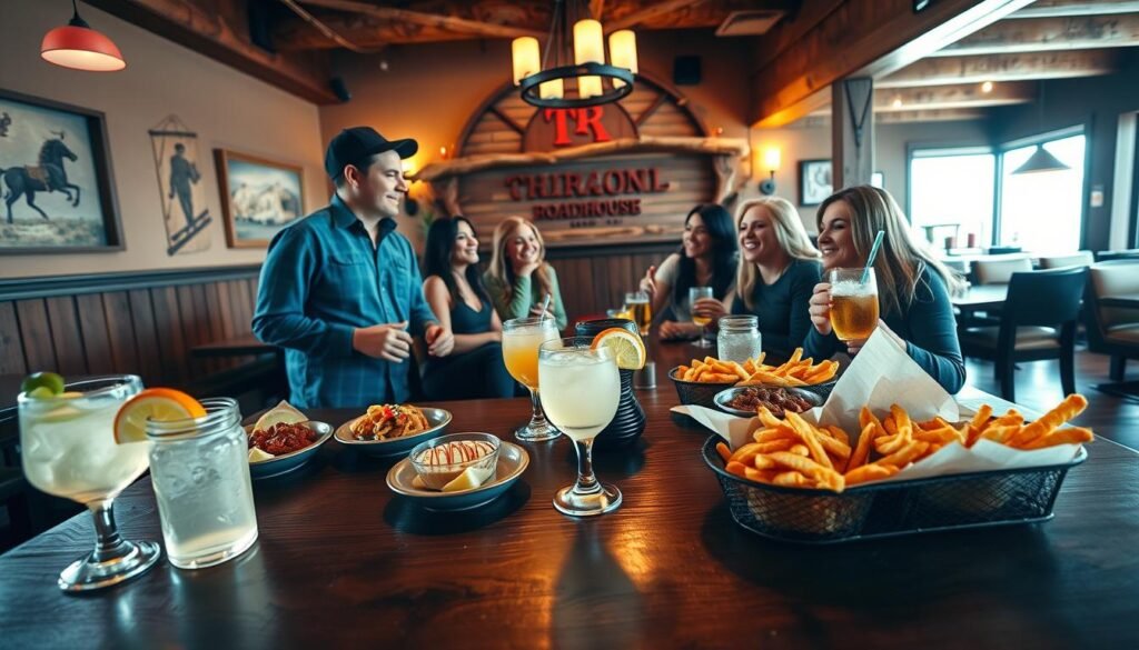 A cozy Texas Roadhouse interior featuring a welcoming ambiance for first-time visitors. In the foreground, a wooden table laden with signature appetizers and drinks from the happy hour menu, such as the famous Texas-sized margarita and delicious chili cheese fries. In the middle ground, a friendly server in a casual yet tidy outfit interacts with a diverse group of young adults, all smiling and enjoying their experience. The background showcases rustic decor, including cowboy-themed artwork and wooden beams, with warm, inviting lighting emanating from overhead lamps, creating a laid-back and energetic mood. The setting suggests an inviting atmosphere perfect for newcomers. The angle captures the enthusiasm of the scene, suggesting interaction and discovery in dining. A cozy Texas Roadhouse interior featuring a welcoming ambiance for first-time visitors. In the foreground, a wooden table laden with signature appetizers and drinks from the happy hour menu, such as the famous Texas-sized margarita and delicious chili cheese fries. In the middle ground, a friendly server in a casual yet tidy outfit interacts with a diverse group of young adults, all smiling and enjoying their experience. The background showcases rustic decor, including cowboy-themed artwork and wooden beams, with warm, inviting lighting emanating from overhead lamps, creating a laid-back and energetic mood. The setting suggests an inviting atmosphere perfect for newcomers. The angle captures the enthusiasm of the scene, suggesting interaction and discovery in dining.