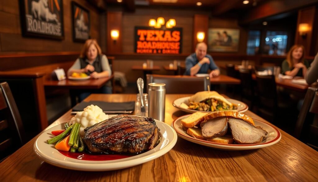 A cozy Texas Roadhouse interior is depicted in warm, inviting lighting. In the foreground, a beautifully arranged table displays two plates: one with early dine specials featuring a perfectly grilled steak with sides of mashed potatoes and seasonal vegetables, and the other showcasing the regular dinner menu items with a surf and turf presentation. In the middle ground, diners in modest casual clothing enjoy their meals, exuding satisfaction and warmth. The background features rustic wooden decor typical of Texas Roadhouse, complete with dim lighting and a hint of country music ambiance. A soft-focus effect creates a relaxed atmosphere, emphasizing the contrast in pricing between the two meal options while maintaining a friendly and inviting vibe.