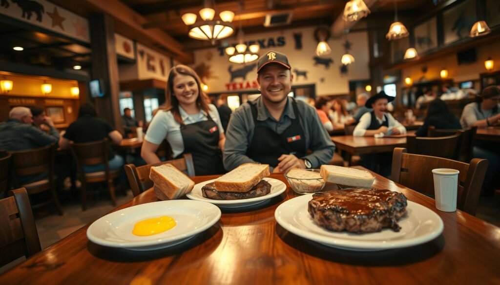 A cozy Texas Roadhouse restaurant interior during early dining hours, showcasing wooden tables and rustic decor. In the foreground, a well-set table with two plates of hearty meals, including grilled steak and freshly baked bread with cinnamon butter. In the middle, cheerful staff in casual uniforms welcoming guests with warm smiles, emphasizing a friendly atmosphere. The lighting is warm and inviting, with soft amber-toned lights creating a relaxed ambiance. In the background, the restaurant is filled with patrons enjoying their meals and laughter, with cowboy-themed decorations adorning the walls. The angle captures the essence of the bustling dining experience while maintaining a sense of comfort and hominess.