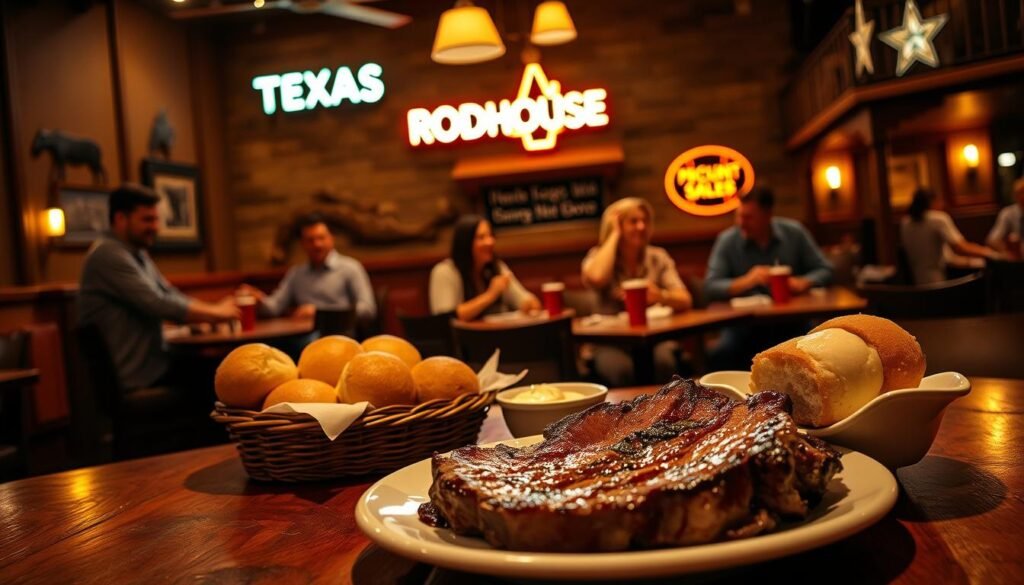 A cozy Texas Roadhouse restaurant interior during the evening, with warm lighting creating an inviting atmosphere. In the foreground, a wooden table showcases a mouthwatering plate of their famous hand-cut steaks, alongside a basket of fresh, fluffy rolls with cinnamon butter. The middle ground features satisfied diners sharing laughter and enjoying their meals, dressed in casual attire. In the background, the rustic decor includes Western-themed wall art and glowing neon signs, enhancing the authentic Texas vibe. Soft shadows create a relaxed ambiance, while ambient lighting highlights the food, inviting viewers to consider the various discounts available at Texas Roadhouse. The image captures the essence of companionship and delicious savings in a warm, inviting setting.