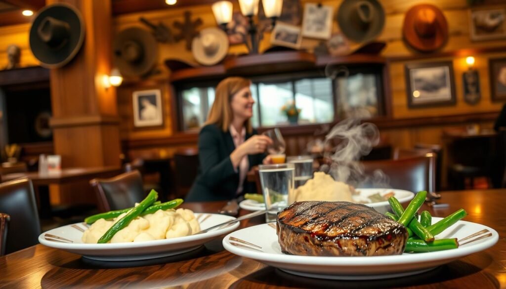 A cozy Texas Roadhouse restaurant scene during early evening, showcasing a table set for two with appetizing dine-in specials. In the foreground, a beautifully plated steak with sides of creamy mashed potatoes and vibrant green vegetables, steam rising, exuding freshness. In the middle, a warm ambiance filled with rustic wooden decor and inviting lighting casting soft shadows. A couple in professional casual attire is enjoying their meal, smiling and engaged in conversation. In the background, rustic decorations like cowboy hats and old photographs add character to the warm, welcoming atmosphere. The image should capture the essence of comfort and culinary delight, conveying a mood of relaxation and enjoyment as patrons take advantage of early dining specials. A cozy Texas Roadhouse restaurant scene during early evening, showcasing a table set for two with appetizing dine-in specials. In the foreground, a beautifully plated steak with sides of creamy mashed potatoes and vibrant green vegetables, steam rising, exuding freshness. In the middle, a warm ambiance filled with rustic wooden decor and inviting lighting casting soft shadows. A couple in professional casual attire is enjoying their meal, smiling and engaged in conversation. In the background, rustic decorations like cowboy hats and old photographs add character to the warm, welcoming atmosphere. The image should capture the essence of comfort and culinary delight, conveying a mood of relaxation and enjoyment as patrons take advantage of early dining specials.