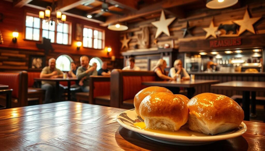 A cozy Texas Roadhouse restaurant scene, featuring warm, inviting lighting that highlights a rustic interior with wooden tables and benches. In the foreground, a plate of freshly baked Texas Roadhouse rolls glistens with melted butter, exuding an inviting aroma. The middle ground showcases cheerful diners enjoying their meals, dressed in modest casual clothing, creating a friendly atmosphere. The walls are adorned with country-themed decor, enhancing the rustic vibe. In the background, the restaurant's signature elements are visible, like the open kitchen and Texas-themed decorations. The image is captured at a slight angle, with a soft focus effect that adds warmth and engagement, creating a homey and inviting feel, ideal for depicting the joy of securing a delicious batch of rolls.
