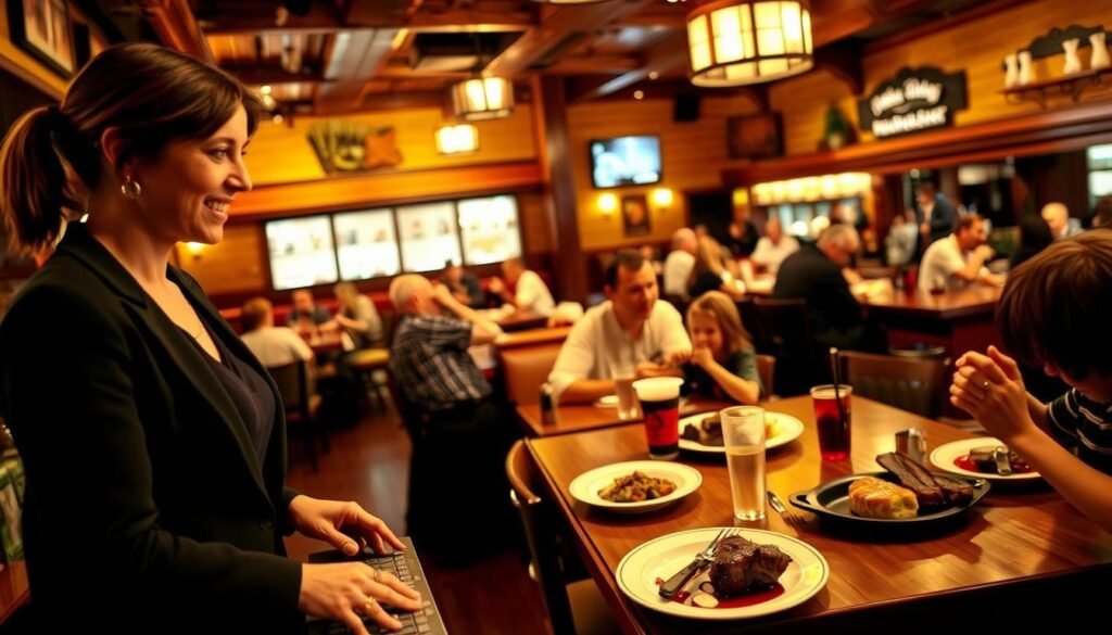 A cozy Texas Roadhouse restaurant scene illustrating the management of wait times and reservations. In the foreground, a friendly restaurant hostess in smart casual attire is engaging with a family at the reception desk, checking them in with a welcoming smile. In the middle, diners enjoy their meals at wooden tables, creating a bustling yet relaxed atmosphere, with plates of hearty Texas fare like ribs and steak visible. In the background, a full bar area features patrons enjoying drinks, while rustic wood décor and soft lighting add warmth to the environment. The image captures an inviting dining experience, with warm, ambient lighting and a slight depth of field effect, emphasizing the hostess and her interaction with guests. The overall mood is friendly, inviting, and organized, showcasing a successful dining experience at Texas Roadhouse. A cozy Texas Roadhouse restaurant scene illustrating the management of wait times and reservations. In the foreground, a friendly restaurant hostess in smart casual attire is engaging with a family at the reception desk, checking them in with a welcoming smile. In the middle, diners enjoy their meals at wooden tables, creating a bustling yet relaxed atmosphere, with plates of hearty Texas fare like ribs and steak visible. In the background, a full bar area features patrons enjoying drinks, while rustic wood décor and soft lighting add warmth to the environment. The image captures an inviting dining experience, with warm, ambient lighting and a slight depth of field effect, emphasizing the hostess and her interaction with guests. The overall mood is friendly, inviting, and organized, showcasing a successful dining experience at Texas Roadhouse.