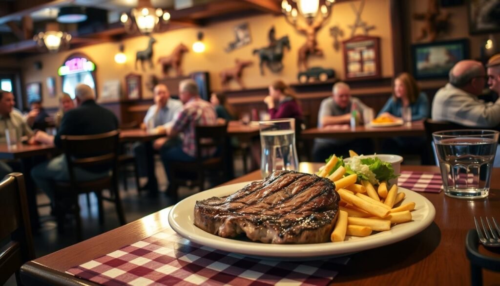 A cozy Texas Roadhouse restaurant setting during the early dining hours, featuring a neatly arranged wooden table adorned with a classic checkered tablecloth. In the foreground, a slightly angled view showcases a steaming plate of savory, grilled steaks alongside a mound of crispy fries and a side salad, all enticingly presented. In the middle ground, comfortably seated patrons of various ages enjoy their meals, dressed in modest casual clothing, creating a welcoming atmosphere. The background highlights rustic decor elements like wooden beams and cowboy-themed memorabilia, softly illuminated by warm, ambient lighting, suggesting a relaxed and inviting dining experience. The overall mood is friendly and vibrant, emphasizing the joy of enjoying a meal while taking advantage of early dining savings.