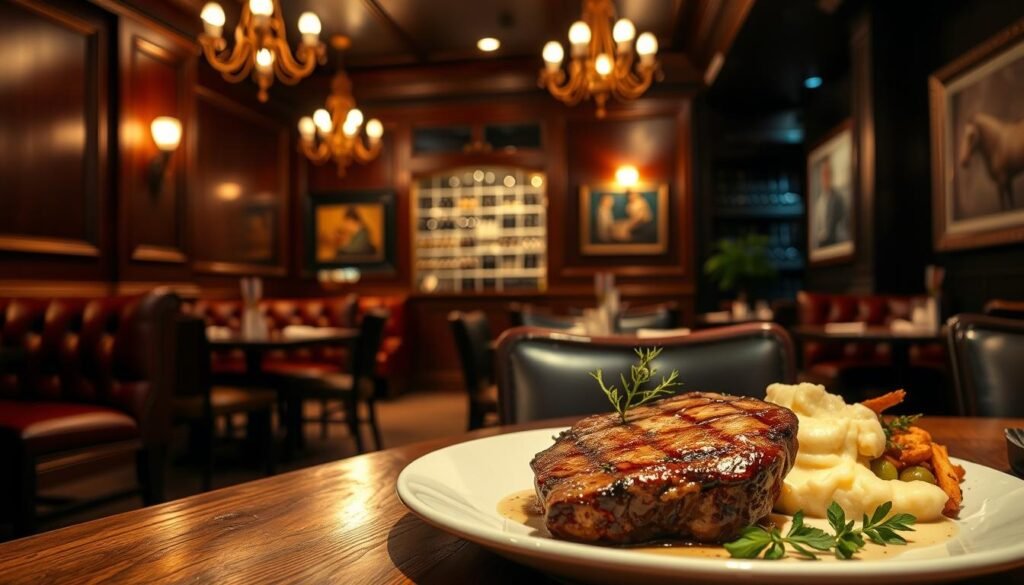 A cozy and inviting steakhouse interior, featuring rich wooden paneling and leather booths. In the foreground, a beautifully plated medium-rare steak garnished with fresh herbs sits on a rustic wooden table, with a side of creamy mashed potatoes and sautéed vegetables. The middle ground shows a dimly lit dining area with elegant chandeliers casting a warm glow, enhancing a relaxed dining atmosphere. The background reveals a well-stocked wine rack and tasteful artwork on the walls, creating a sophisticated yet comfortable setting. The scene is captured with soft, warm lighting and a shallow depth of field, creating an intimate mood perfect for a dining experience. The angle is slightly from above, showcasing the steak and the welcoming ambiance.