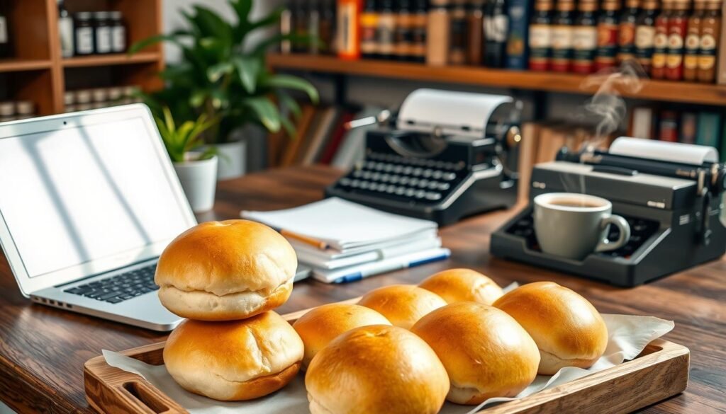 A cozy and organized workspace setup, featuring a wooden desk with a laptop open, neatly arranged notebooks, and a potted plant providing a touch of greenery. In the foreground, a stack of freshly baked Texas Roadhouse rolls displayed in a decorative manner, elegantly laid out on a rustic tray. The middle ground shows a typewriter and a steaming cup of coffee, suggesting a creative atmosphere. The background features softly blurred shelves lined with spices and cookbooks, evoking warmth and culinary inspiration. Natural light filters in through a nearby window, casting gentle shadows and creating an inviting ambiance. The scene captures a productive yet relaxed work environment, perfect for culinary creativity. A cozy and organized workspace setup, featuring a wooden desk with a laptop open, neatly arranged notebooks, and a potted plant providing a touch of greenery. In the foreground, a stack of freshly baked Texas Roadhouse rolls displayed in a decorative manner, elegantly laid out on a rustic tray. The middle ground shows a typewriter and a steaming cup of coffee, suggesting a creative atmosphere. The background features softly blurred shelves lined with spices and cookbooks, evoking warmth and culinary inspiration. Natural light filters in through a nearby window, casting gentle shadows and creating an inviting ambiance. The scene captures a productive yet relaxed work environment, perfect for culinary creativity.
